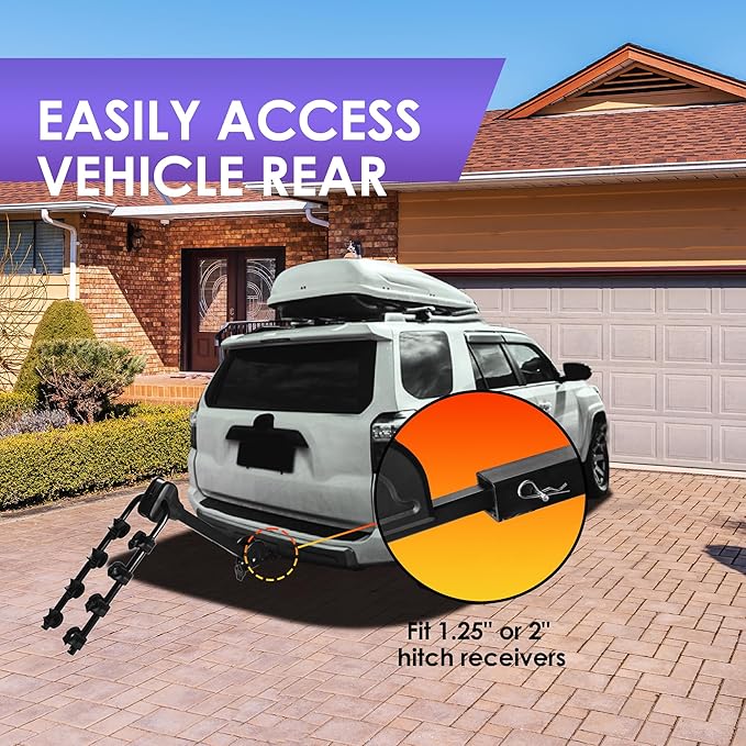 Young 4 Bike Rack Tilting Hitch Mounted with Convenient Pedal for Cars, SUVs and Trucks, Fits 1.25” and 2” Hitches, Carries 4 Bikes