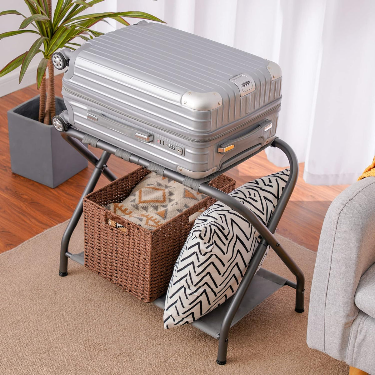 Heybly Luggage Rack, Steel Folding Suitcase Stand with Storage Shelf for Bedroom, Hotel, Foldable Steel Frame, Guest Room Bedroom Hotel, 22.8" L x 11.8" W x 20.9" H, Gray HLR004G1
