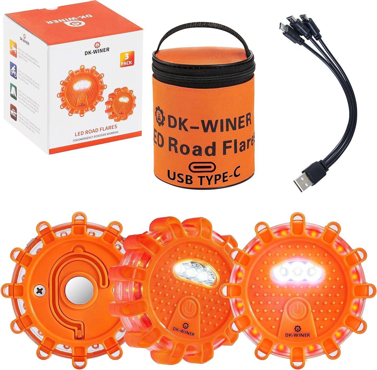LED Road Flares Roadside Emergency car kit Emergency Road Flares Kit with Magnetic Base for Vehicles & Boat | 9 Flash Modes(with Batteries) (3pack rechargeable)