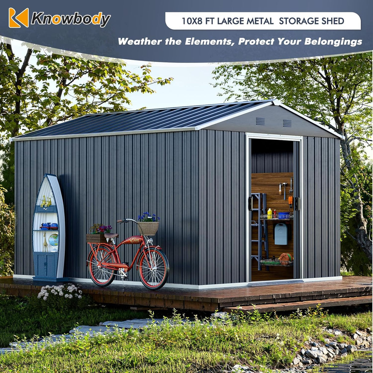Metal Shed 8x10x6 FT - Steel Tool Storage with Sliding Door and Air Vents - Outdoor Bike Sheds for Garden, Backyard, Patio - Utility Storage Solution