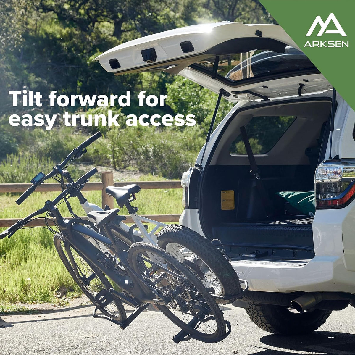 Arksen Hitch Mounted Smart Tilting 2-Bike Rack Platform Style 2" Foldable Carrier for Standard, Fat Tire, and Electric Bicycles -150 lbs Heavy Weight Capacity