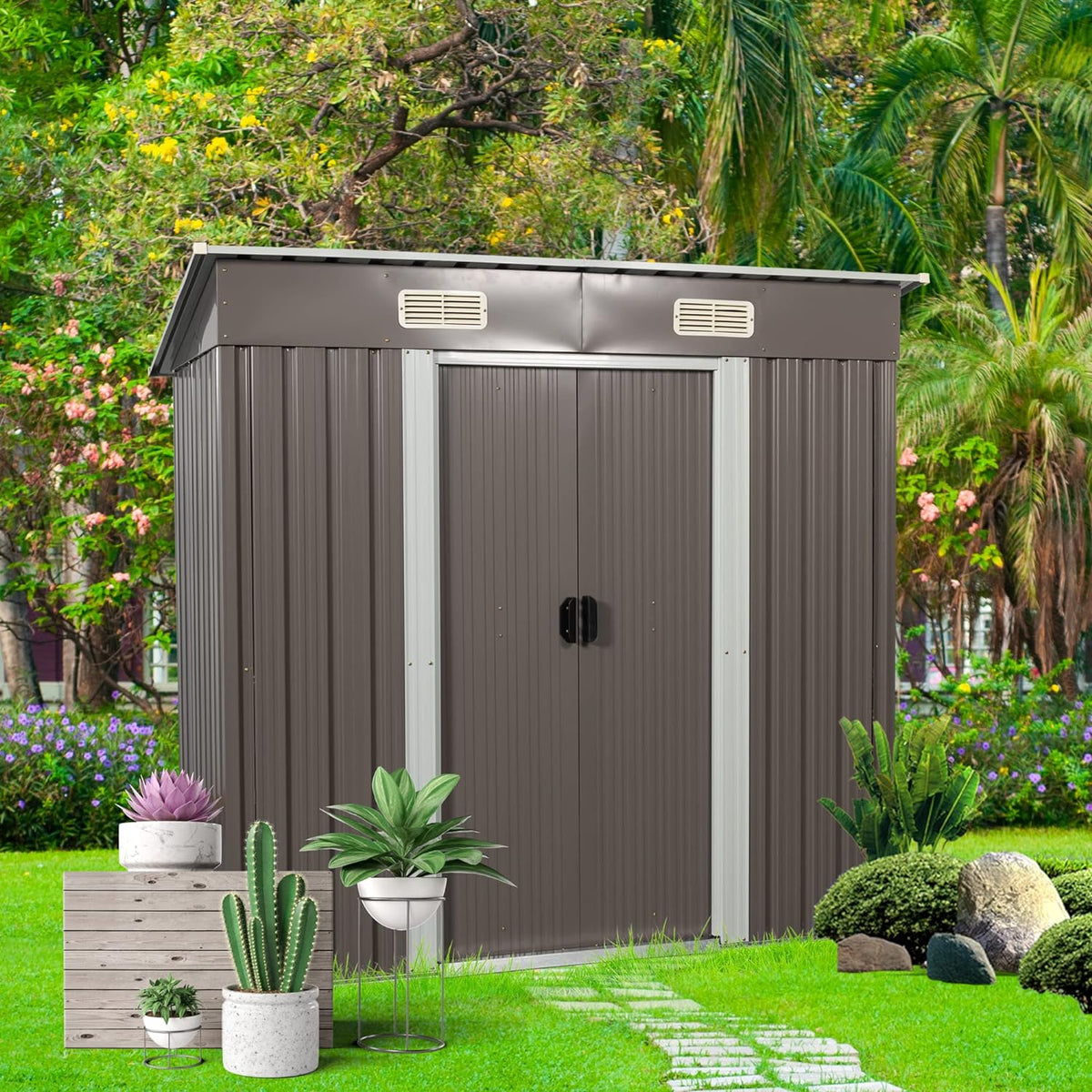 6 x 4 FT Outdoor Storage Shed,Metal Anti-Corrosion Utility Tool House with Punched Vents, w/Sliding Doors & Padlock,Waterproof Garden Sheds for Backyard Lawn Patio,Grey