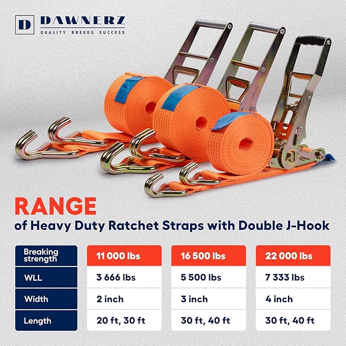 3 inch Ratchet Straps 40 ft Double Wire J Hook Tie Down - Heavy Duty Ratchet Straps 16500 Lb Breaking Strength - Trailer and Truck Tie Down