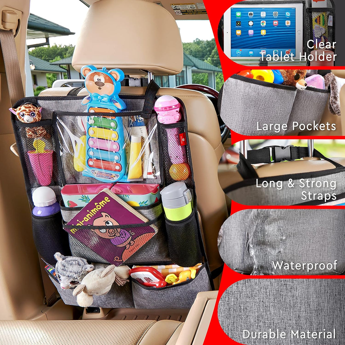 Helteko Backseat Car Organizer, Kick Mats Back Seat Protector with Touch Screen Tablet Holder, Organizer for Kids, Travel Accessories, Mat 9 Storage Pockets 2 Pack