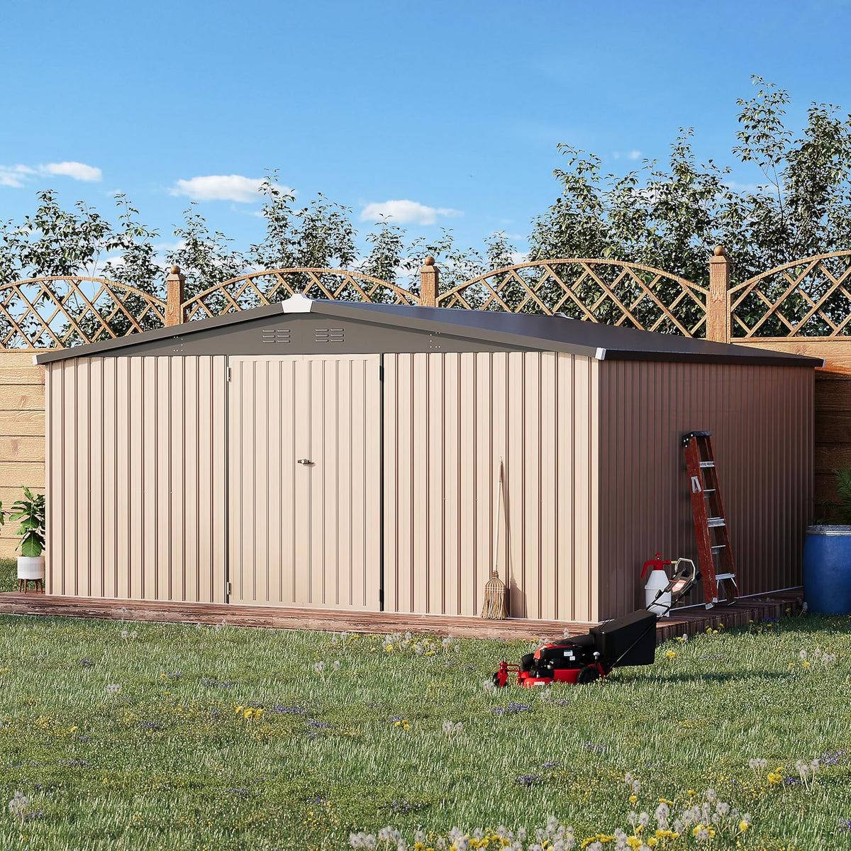 AECOJOY 14' x 12' Shed Outdoor Metal Storage, Large Storage Sheds & Outdoor Storage Clearance 14' x 12', Large Steel Yard Shed, Tool Storage for Garden, Backyard, Patio, Outside use in Grey