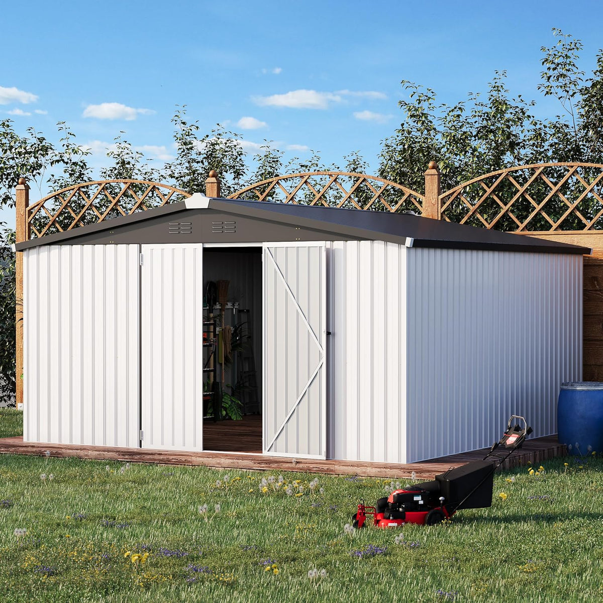 U-MAX 10' x 10' Shed Outdoor Storage Shed Clearance, Large Metal Garden Shed Yard Steel Shed with Design of Lockable Doors, Tool and Utility Storage for Backyard, Garden, Patio, Outside use White