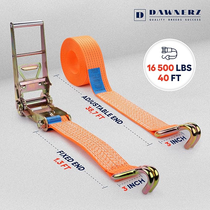 3 inch Ratchet Straps 40 ft Double Wire J Hook Tie Down - Heavy Duty Ratchet Straps 16500 Lb Breaking Strength - Trailer and Truck Tie Down
